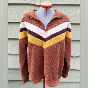 Brown Yellow & White Chevron Striped Fuzzy Quarter Zip Pullover